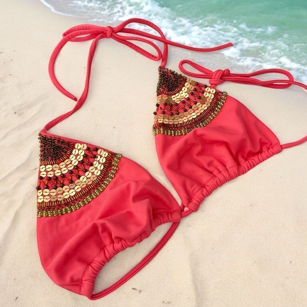 Victoria’s Secret Triangle Bikini Top Beads Sequins Pink Size Medium